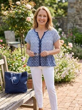 LOFT White and Light Blue Floral Top